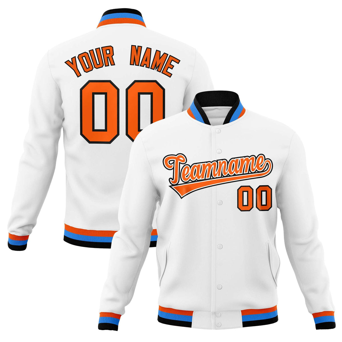 Custom White Orange-Black Classic Style Varsity Full-Snap Letterman Jacket | KXKSHOP