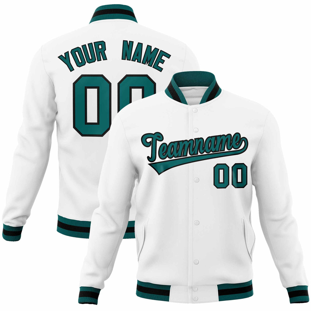 Custom White Aqua-Black Classic Style Varsity Full-Snap Letterman Jacket | KXKSHOP