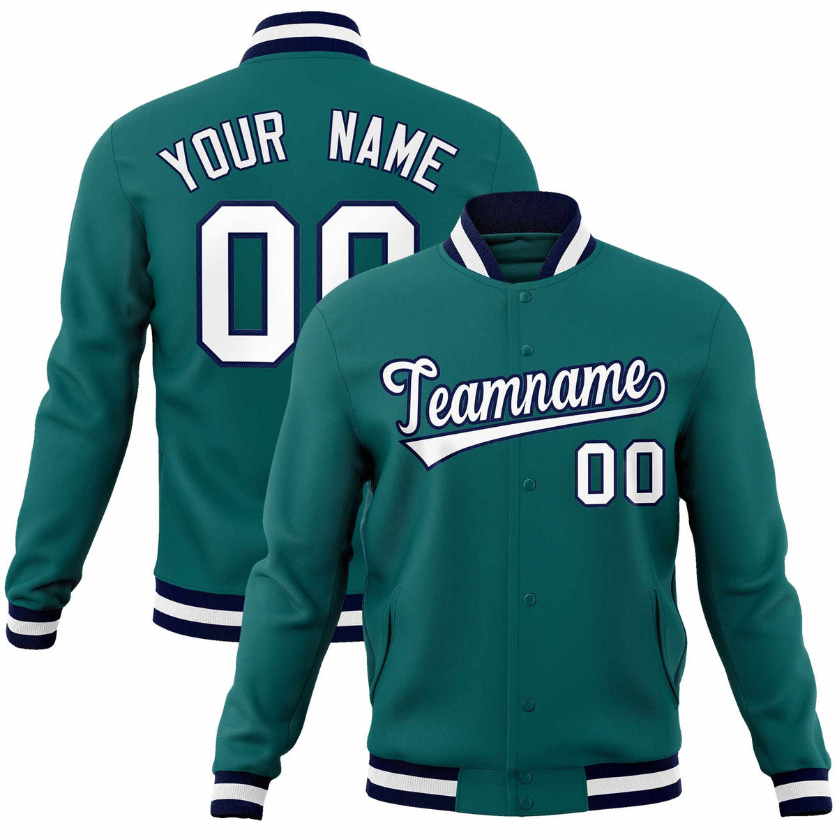 Custom Aqua White-Navy Classic Style Varsity Full-Snap Letterman Jacket | KXKSHOP