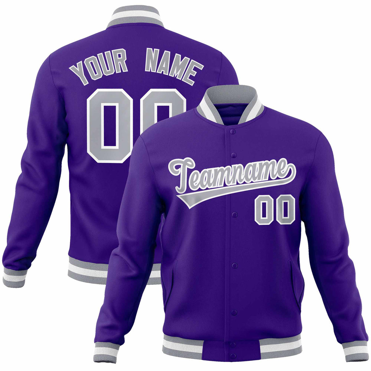 Custom Purple Gray-White Classic Style Varsity Full-Snap Letterman Jacket | KXKSHOP