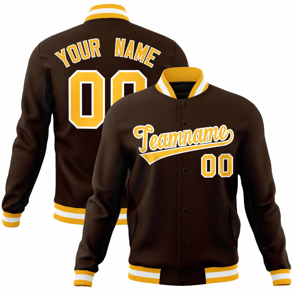Custom Brown Yellow-White Classic Style Varsity Full-Snap Letterman Jacket | KXKSHOP