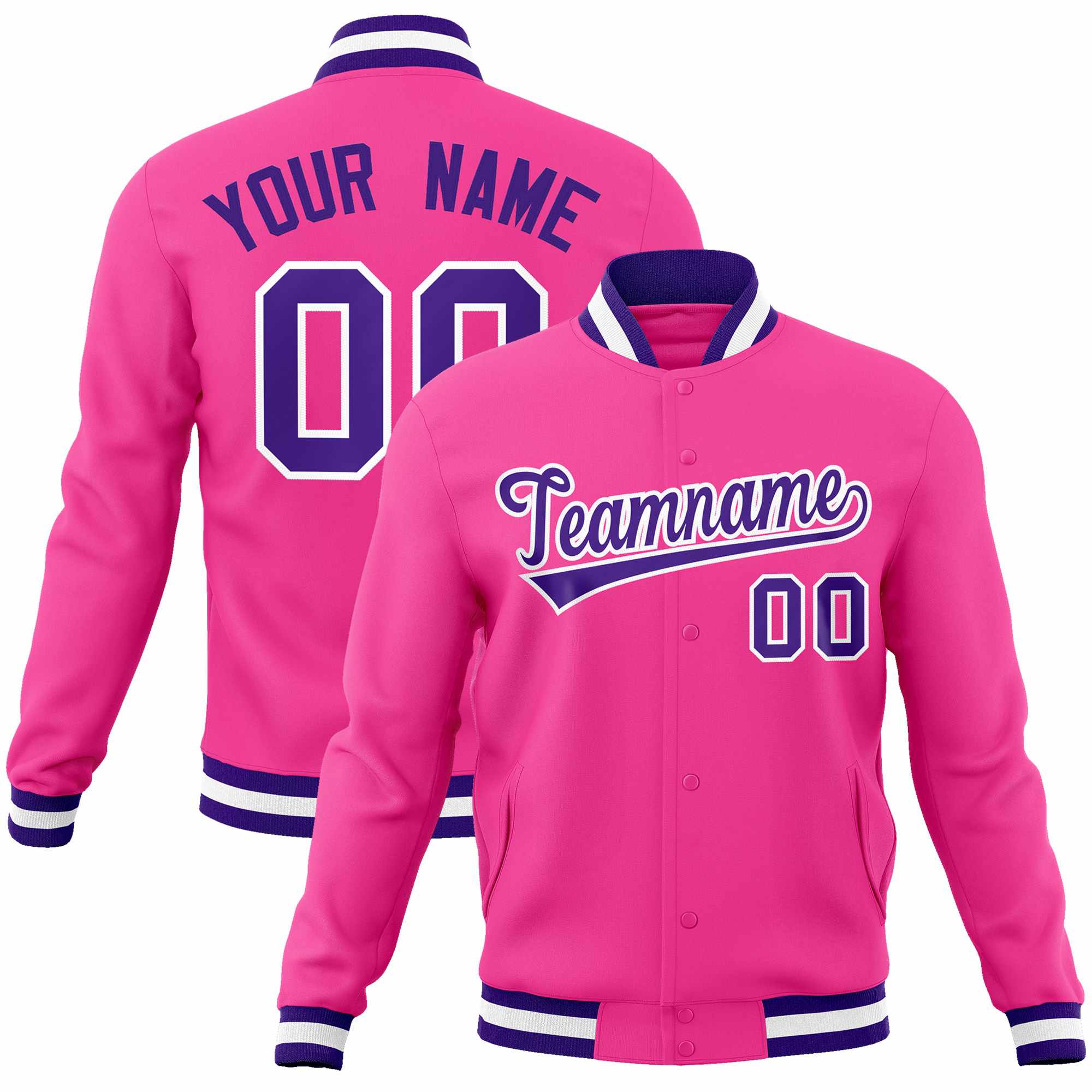 Custom Pink Purple-White Classic Style Varsity Full-Snap Letterman Jacket | KXKSHOP