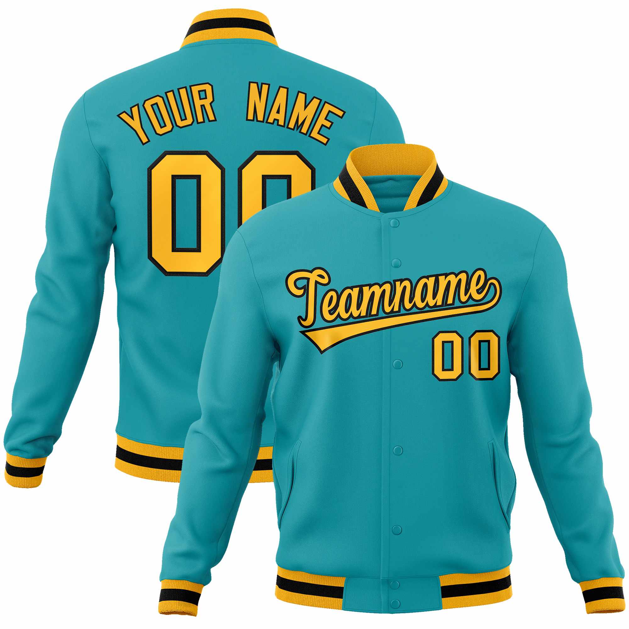 Custom Aqua Yellow-Black Classic Style Varsity Full-Snap Letterman Jacket | KXKSHOP