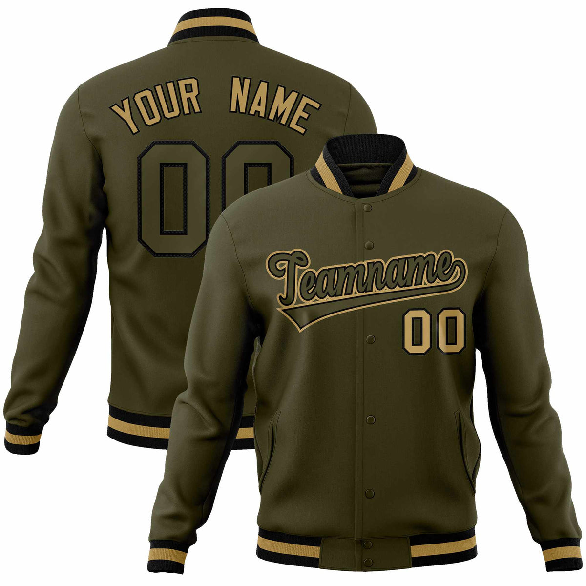 Custom Olive Olive-Old Gold Classic Style Varsity Full-Snap Letterman Jacket | KXKSHOP