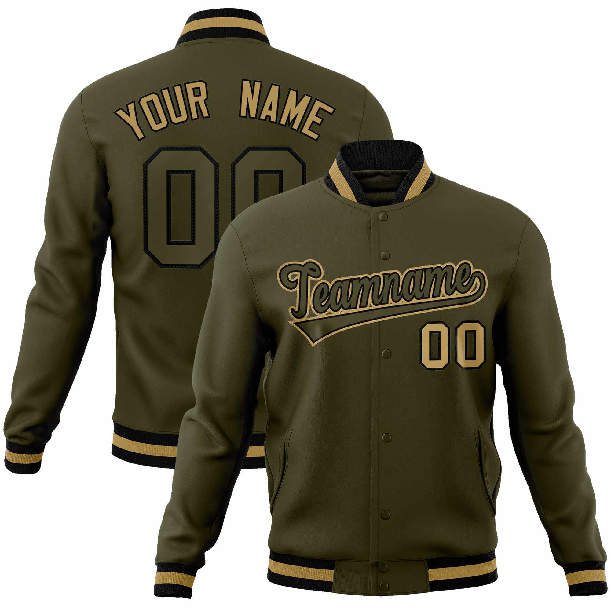 Custom Olive Olive-Old Gold Classic Style Varsity Full-Snap Letterman Jacket | KXKSHOP