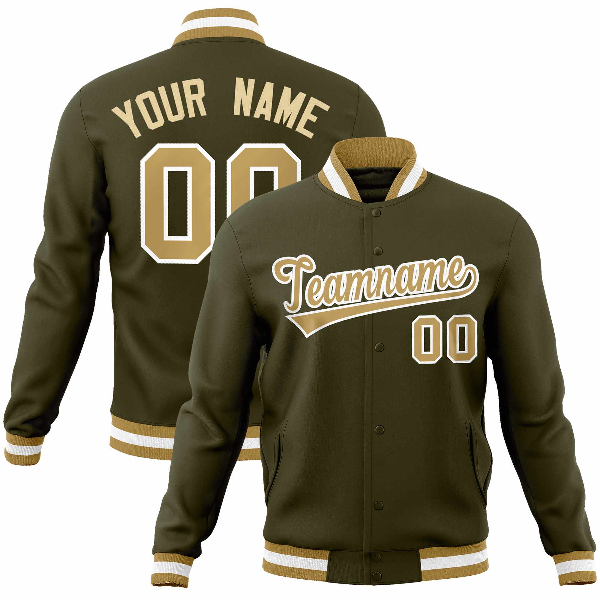 Custom Olive Old Gold-White Classic Style Varsity Full-Snap Letterman Jacket | KXKSHOP