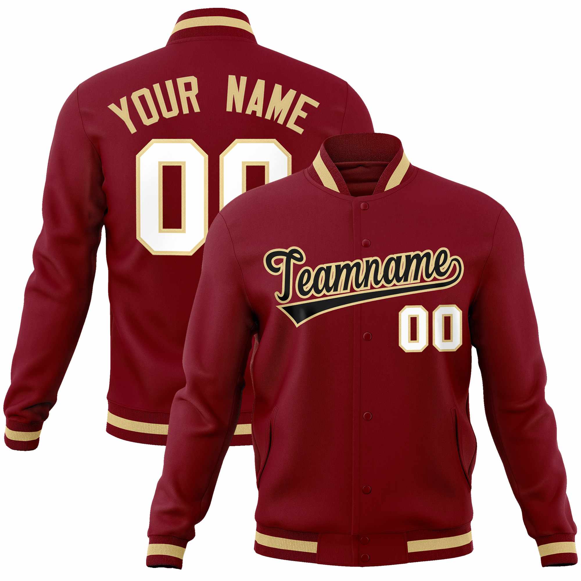 Custom Crimson Black-Khaki Classic Style Varsity Full-Snap Letterman Jacket | KXKSHOP