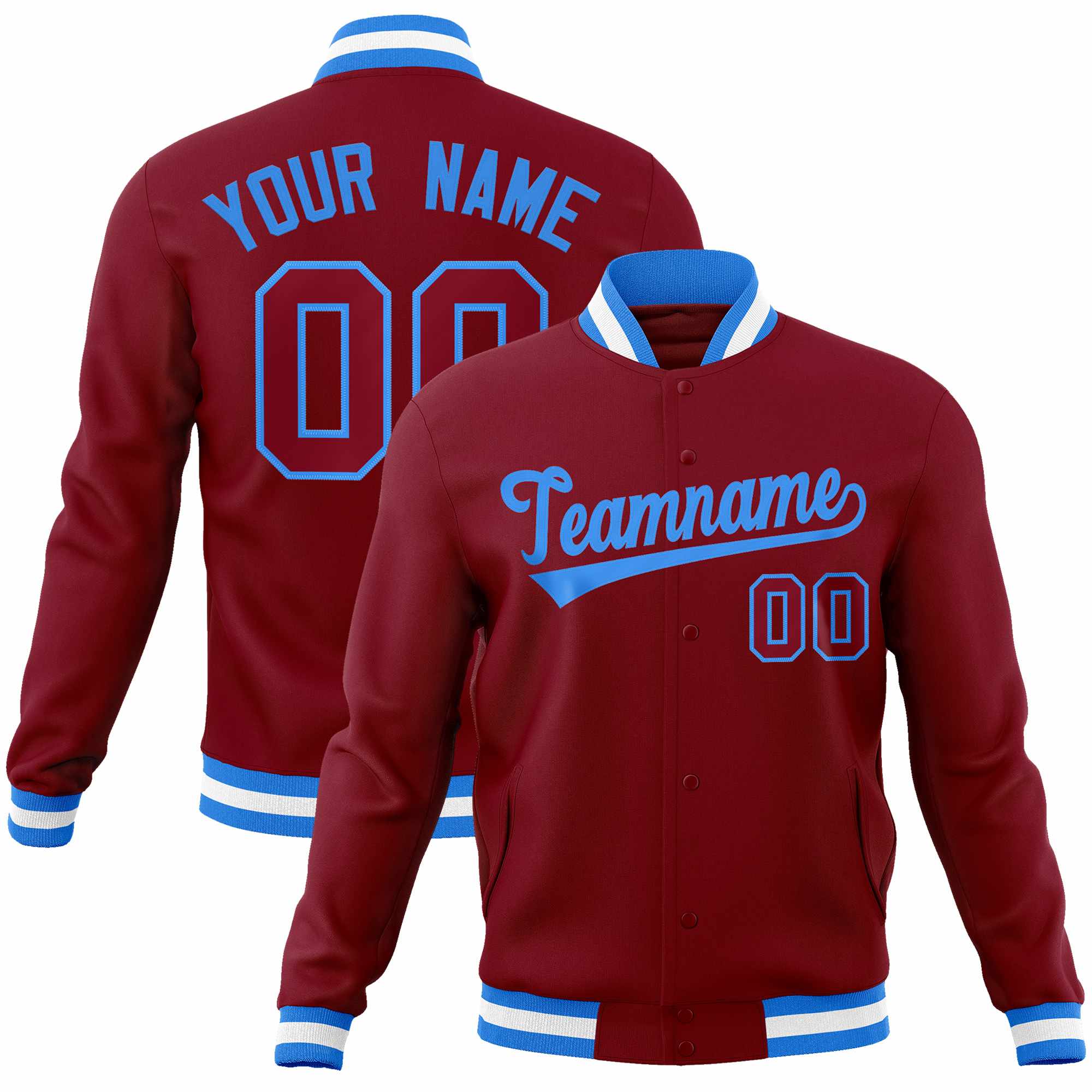 Custom Crimson Powder Blue Classic Style Varsity Full-Snap Letterman Jacket | KXKSHOP