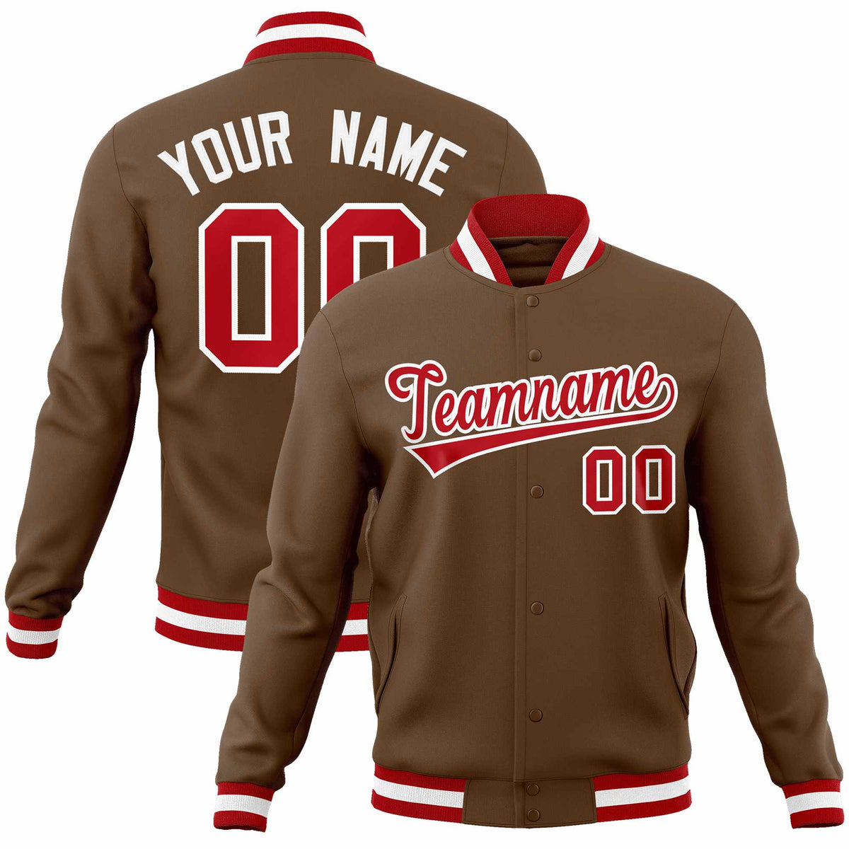 Custom Light Brown Red-White Classic Style Varsity Full-Snap Letterman Jacket | KXKSHOP