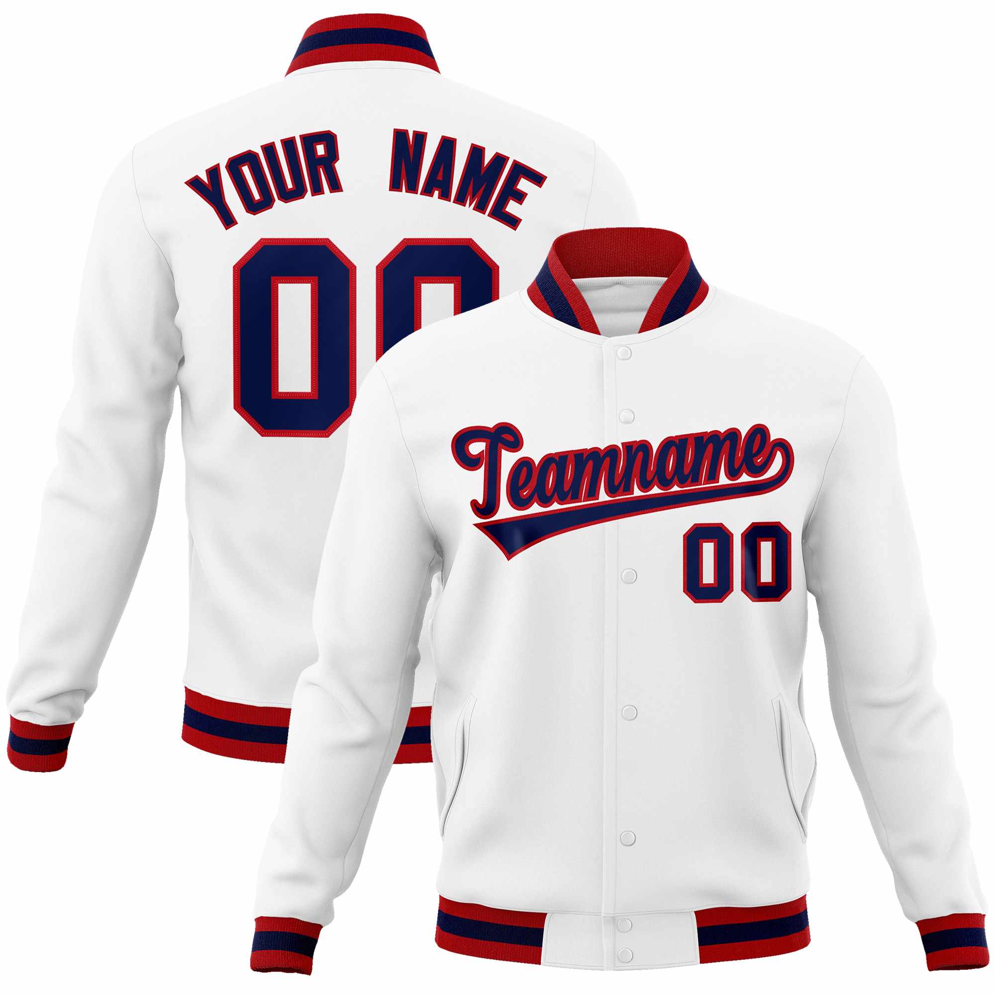 Custom White Navy-Red Classic Style Varsity Full-Snap Letterman Jacket | KXKSHOP