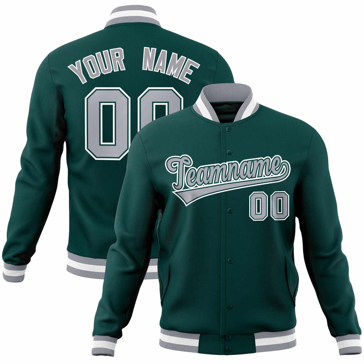 Custom Midnight Green Gray-White Classic Style Varsity Full-Snap Letterman Jacket | KXKSHOP