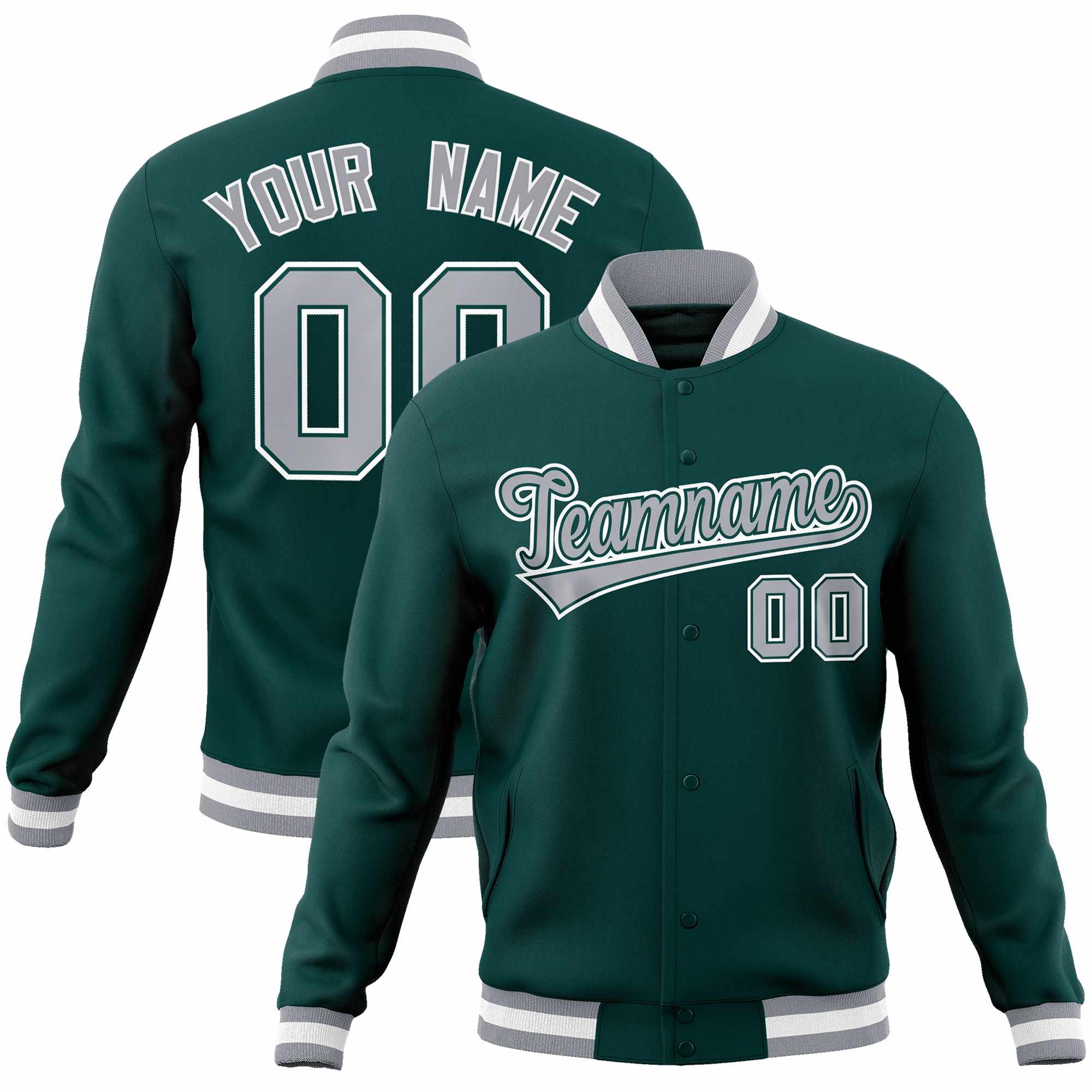 Custom Midnight Green Gray-White Classic Style Varsity Full-Snap Letterman Jacket | KXKSHOP