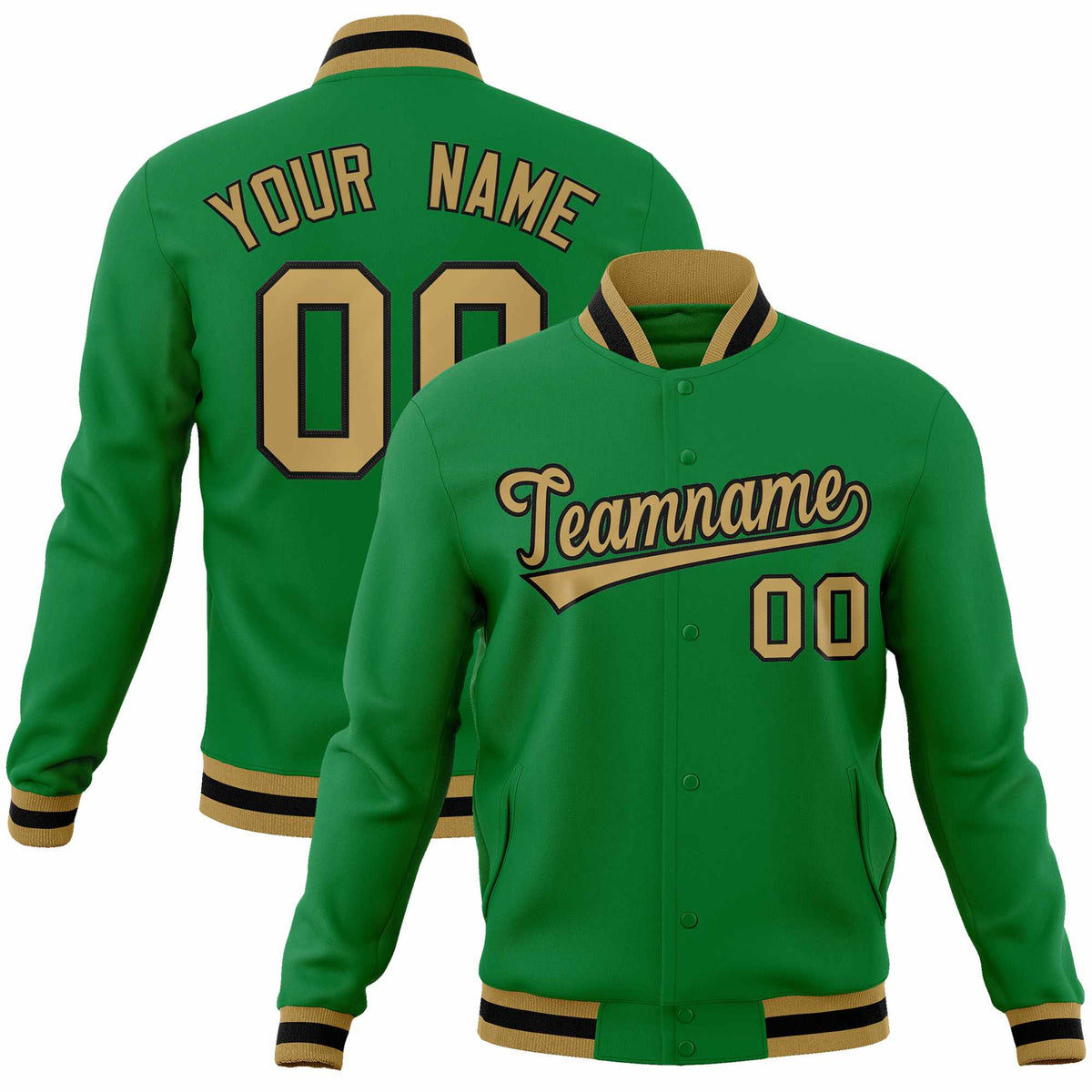 Custom Kelly Green Old Gold-Black Classic Style Varsity Full-Snap Letterman Jacket | KXKSHOP