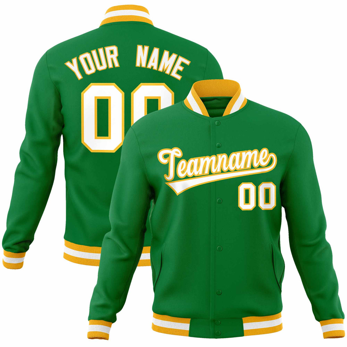 Custom Kelly Green White-Gold Classic Style Varsity Full-Snap Letterman Jacket | KXKSHOP