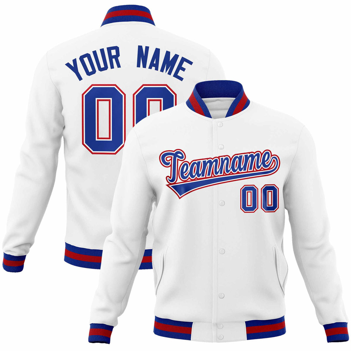 Custom White Royal-Red Classic Style Varsity Full-Snap Letterman Jacket | KXKSHOP