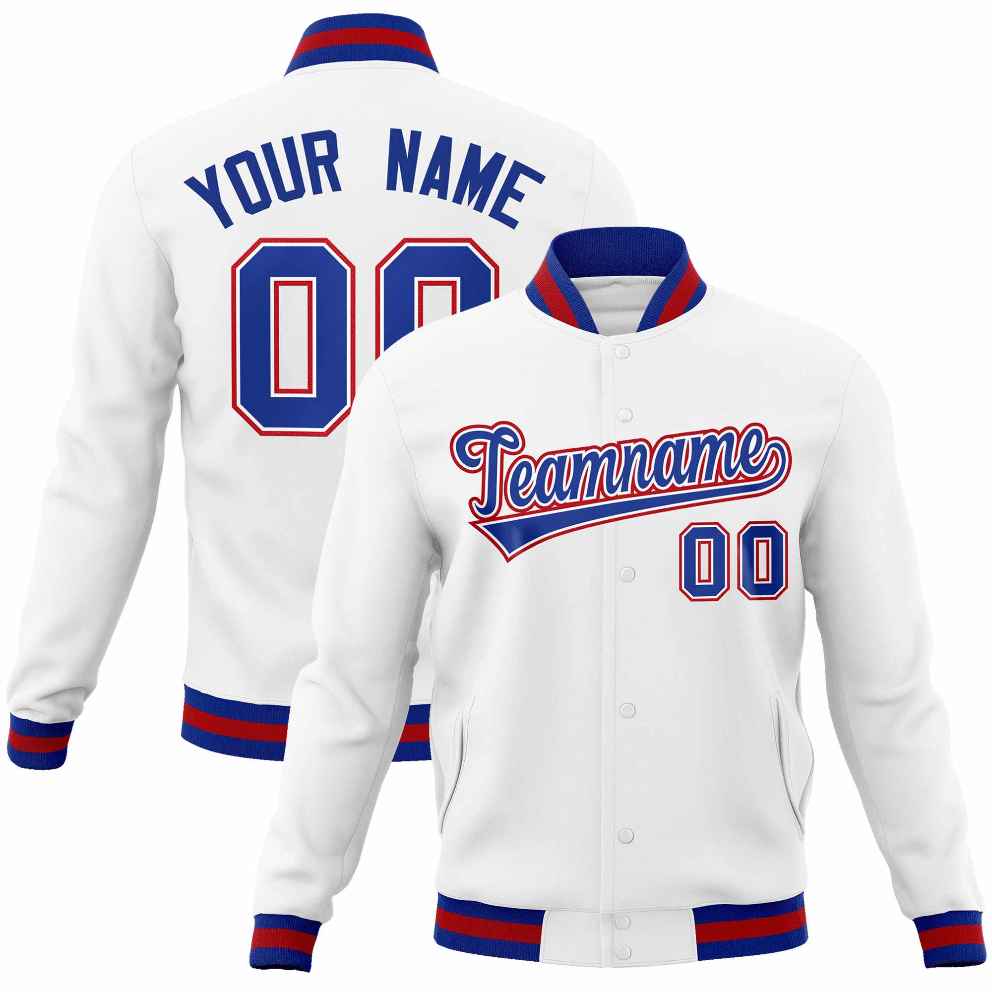 Custom White Royal-Red Classic Style Varsity Full-Snap Letterman Jacket | KXKSHOP