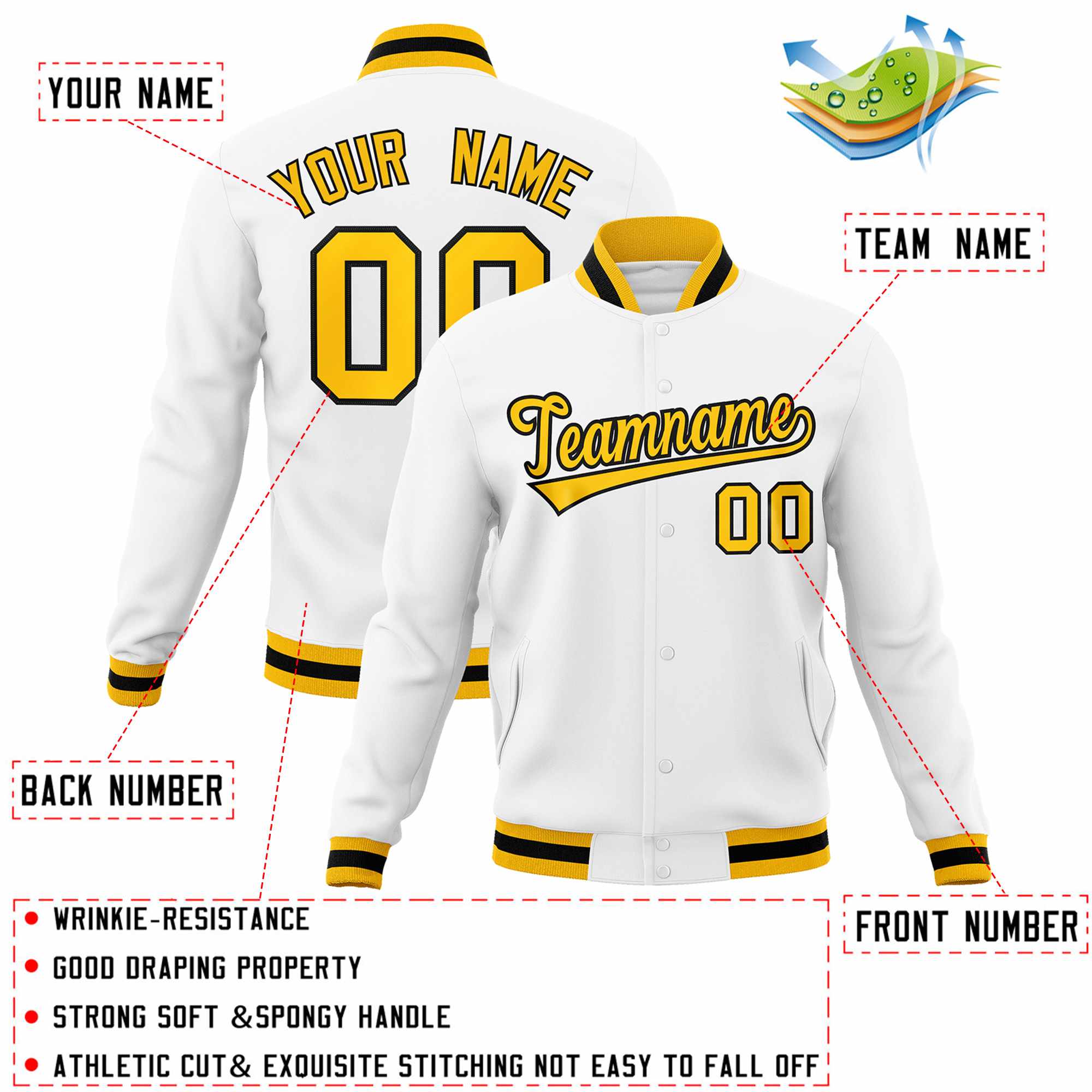 Custom White Red-Black Classic Style Varsity Full-Snap Letterman Jacket | KXKSHOP