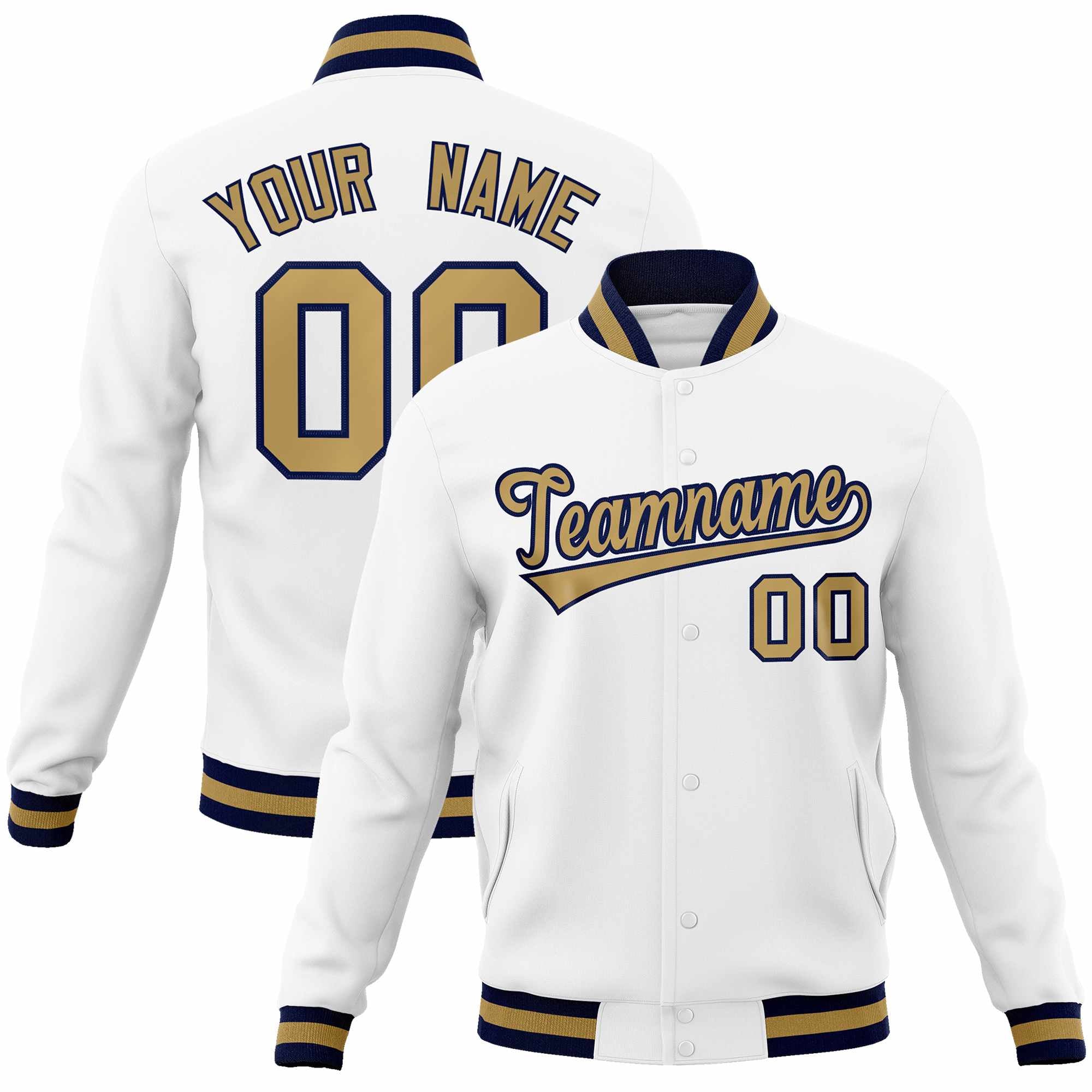 Custom White Old Gold-Navy Classic Style Varsity Full-Snap Letterman Jacket | KXKSHOP