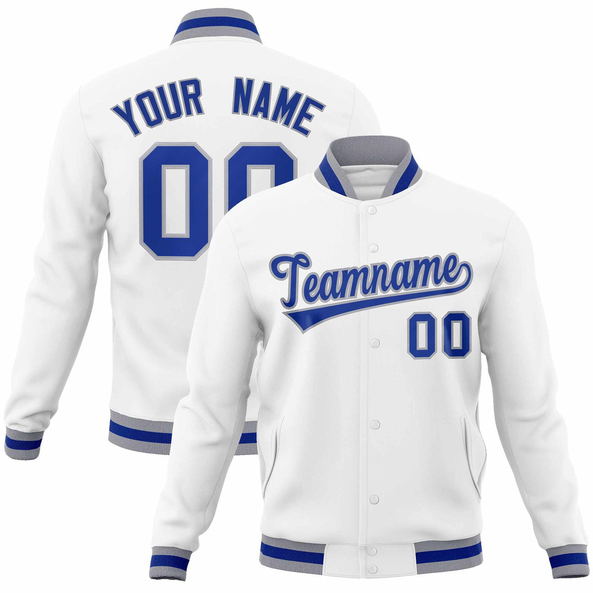 Custom White Royal-Gray Classic Style Varsity Full-Snap Letterman Jacket | KXKSHOP