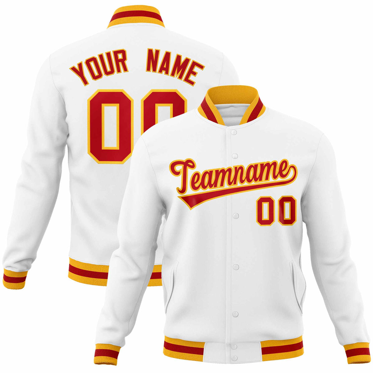 Custom White Red-Gold Classic Style Varsity Full-Snap Letterman Jacket | KXKSHOP