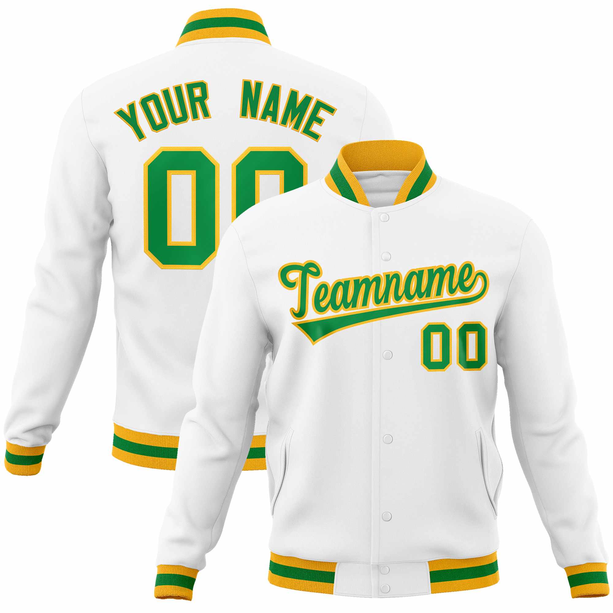 Custom White Kelly Green-Gold Classic Style Varsity Full-Snap Letterman Jacket | KXKSHOP