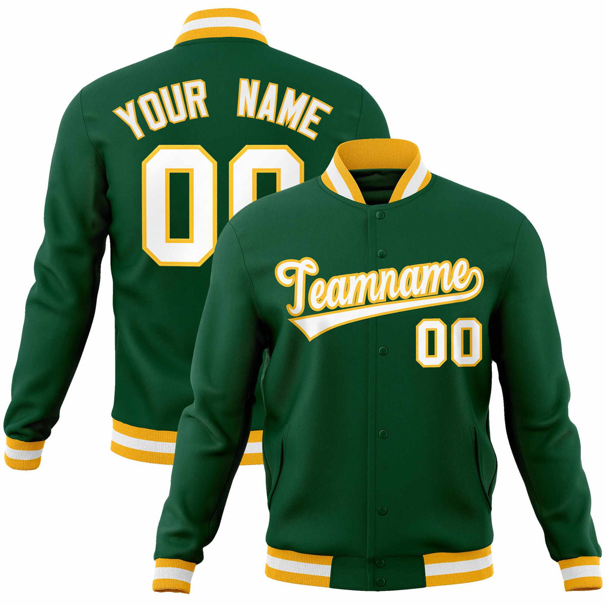 Custom Green White-Gold Classic Style Varsity Full-Snap Letterman Jacket | KXKSHOP