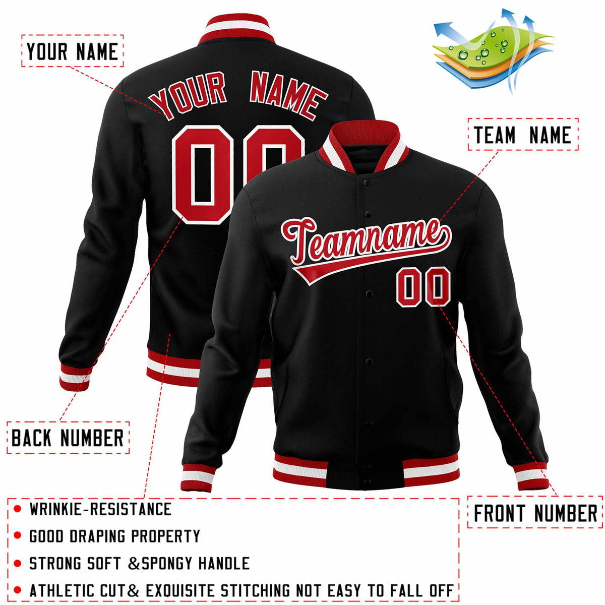 Custom White Red-Black Classic Style Varsity Full-Snap Letterman Jacket | KXKSHOP