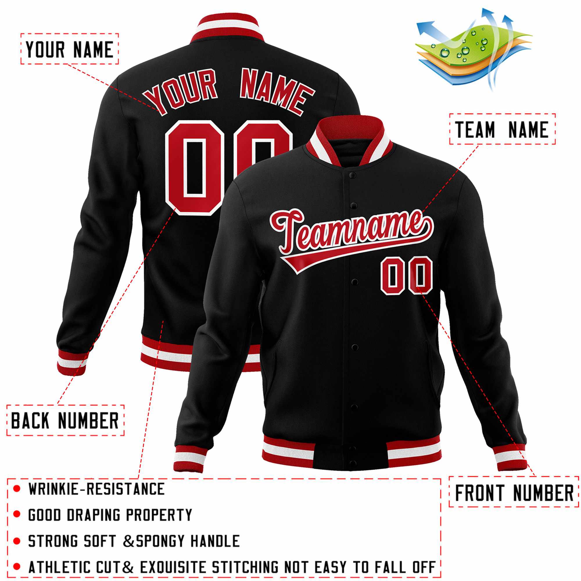 Custom White Red-Black Classic Style Varsity Full-Snap Letterman Jacket | KXKSHOP