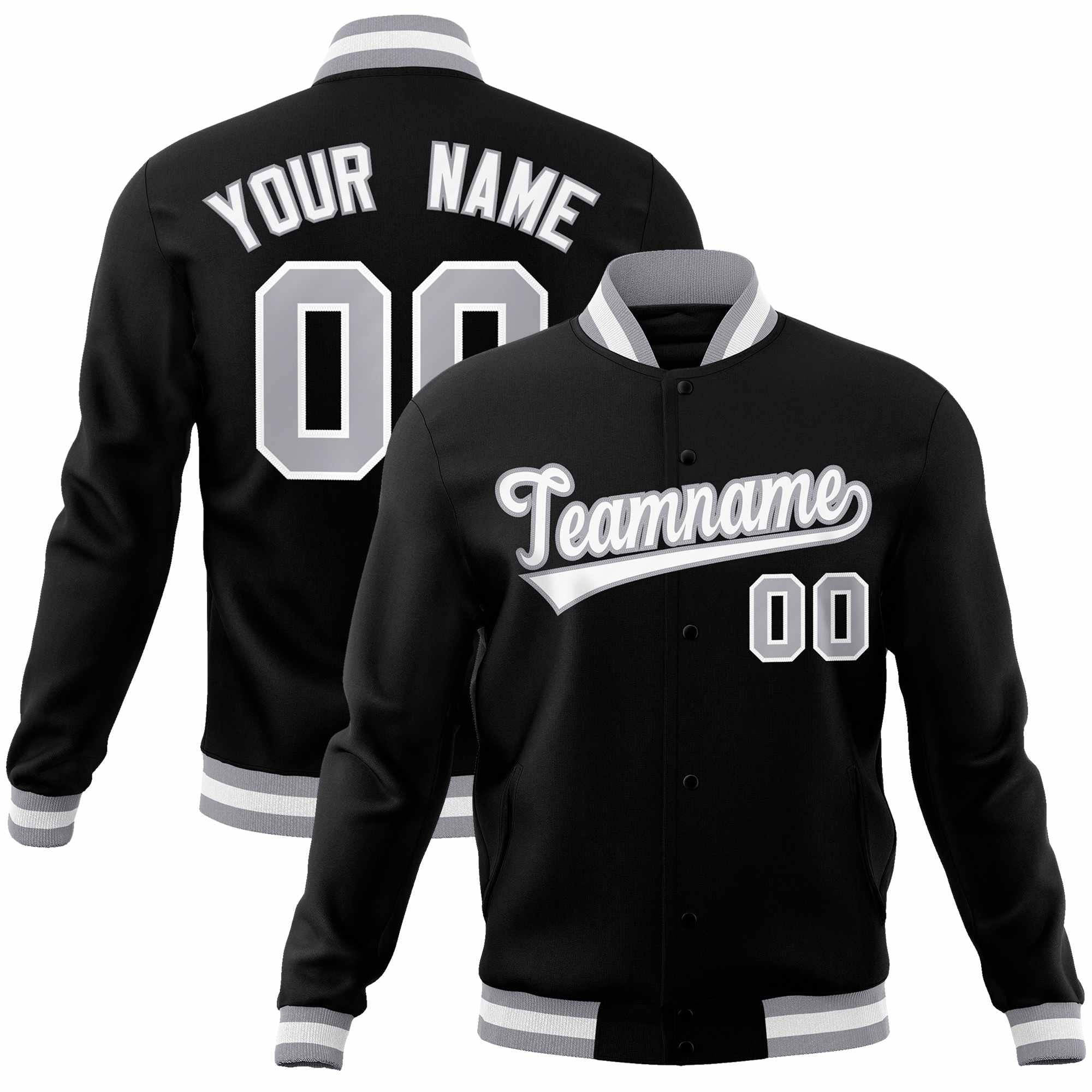 Custom Black White-Gray Classic Style Varsity Full-Snap Letterman Jacket | KXKSHOP
