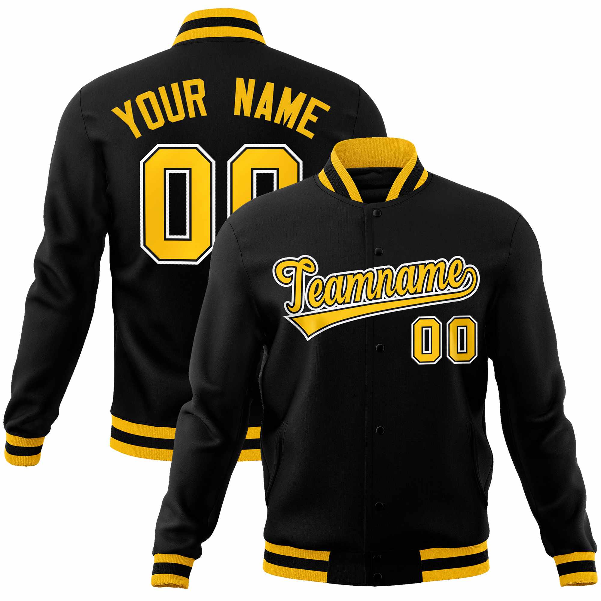 Custom Black Gold-White Classic Style Varsity Full-Snap Letterman Jacket | KXKSHOP