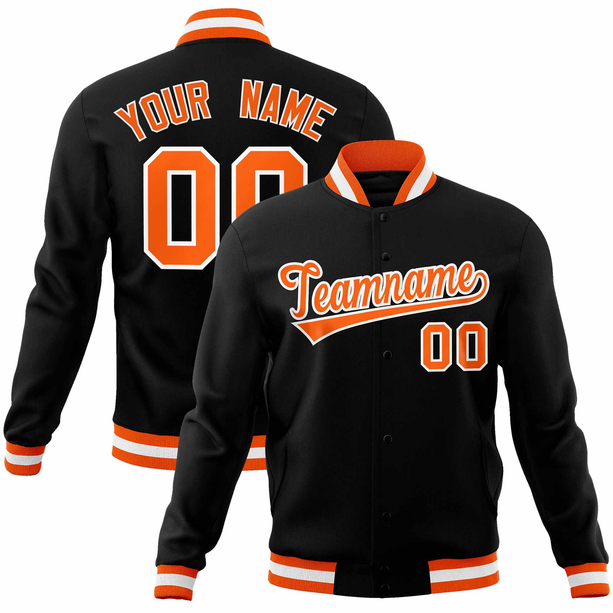 Custom Black Orange-White Classic Style Varsity Full-Snap Letterman Jacket | KXKSHOP