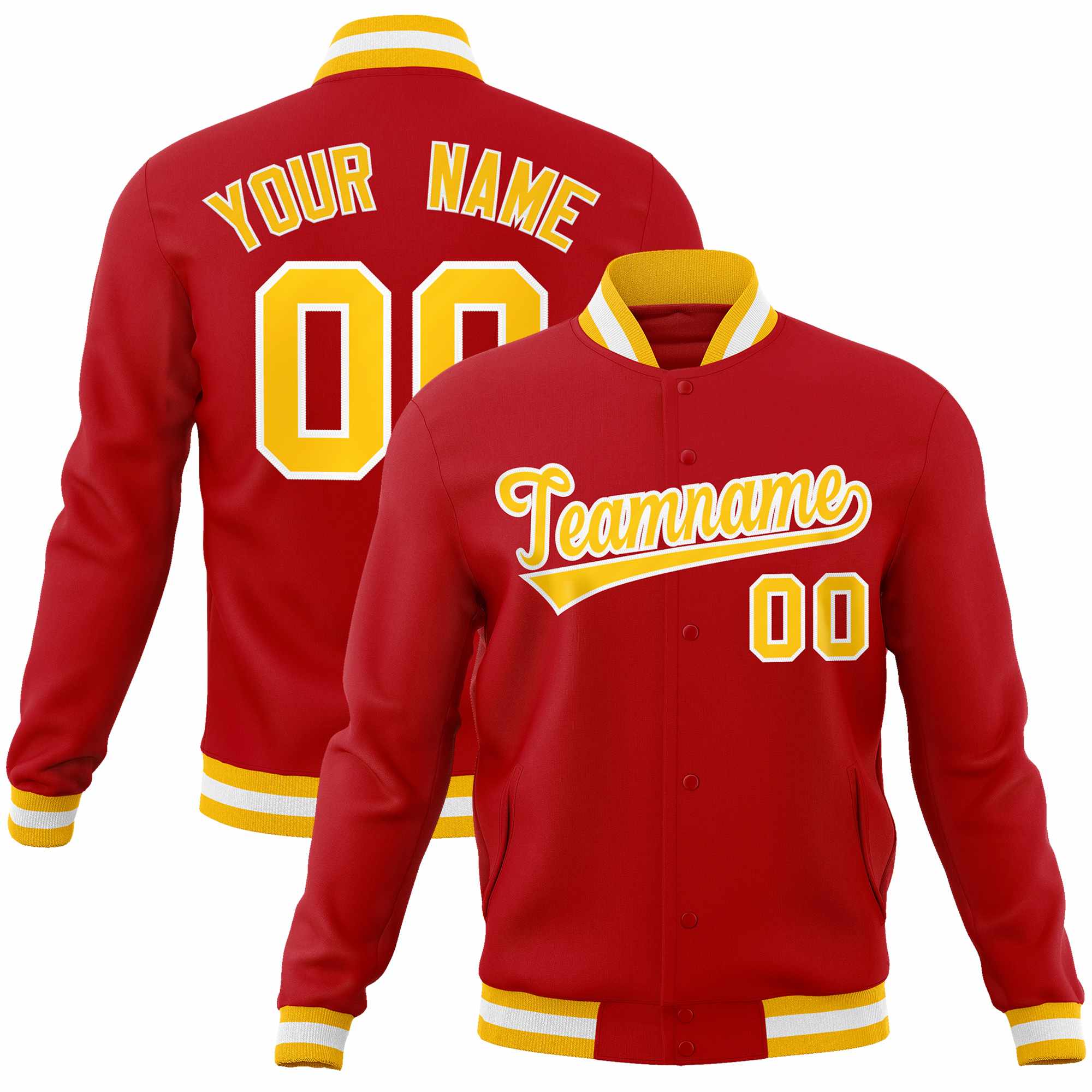 Custom Red Gold-White Classic Style Varsity Full-Snap Letterman Jacket | KXKSHOP