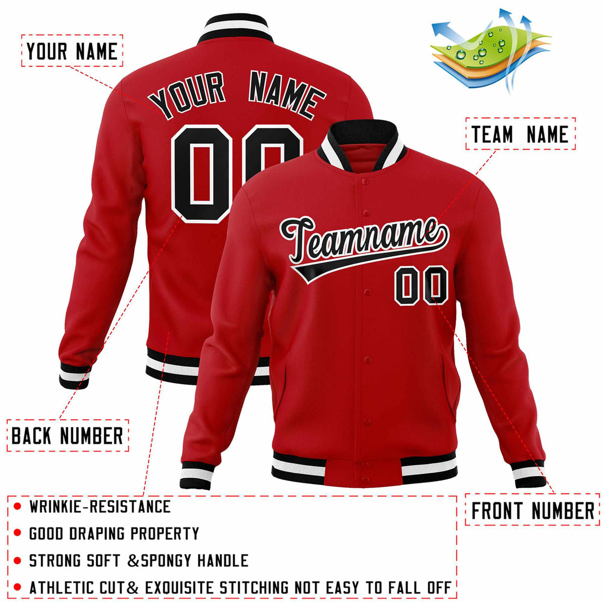 Custom White Red-Black Classic Style Varsity Full-Snap Letterman Jacket | KXKSHOP