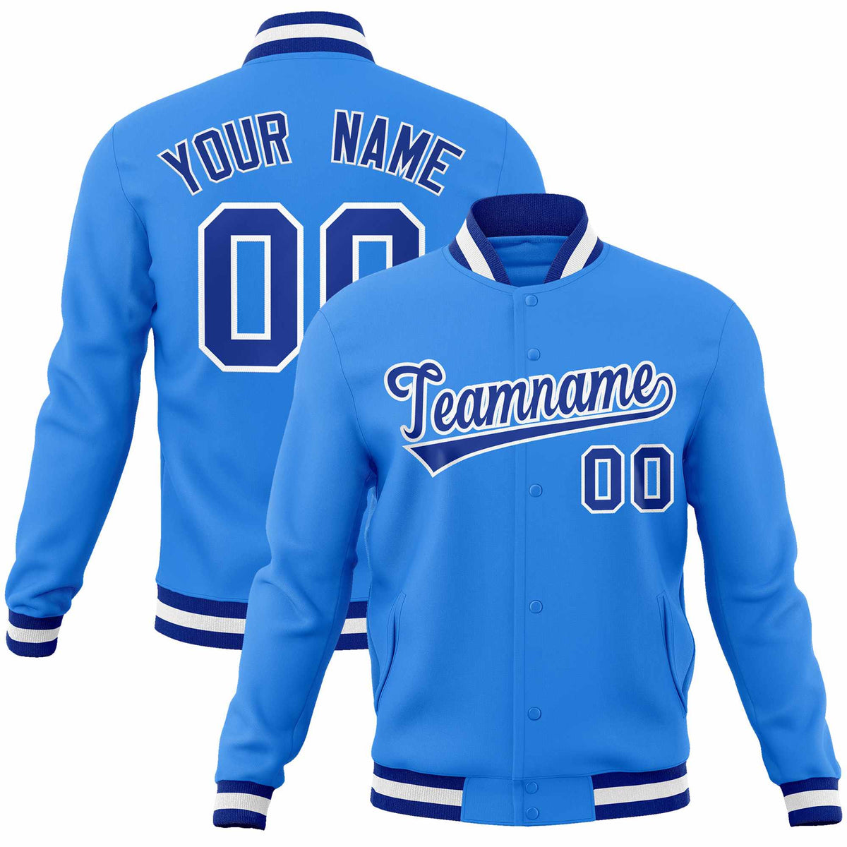 Custom Powder Blue Royal-White Classic Style Varsity Full-Snap Letterman Jacket | KXKSHOP