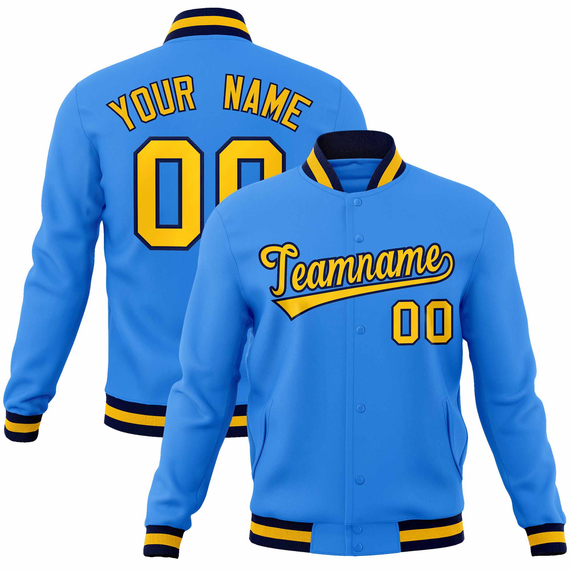 Custom Powder Blue Gold-Navy Classic Style Varsity Full-Snap Letterman Jacket | KXKSHOP