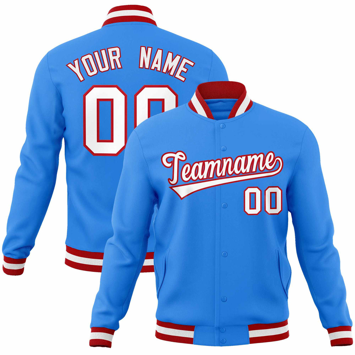 Custom Powder Blue White-Red Classic Style Varsity Full-Snap Letterman Jacket | KXKSHOP