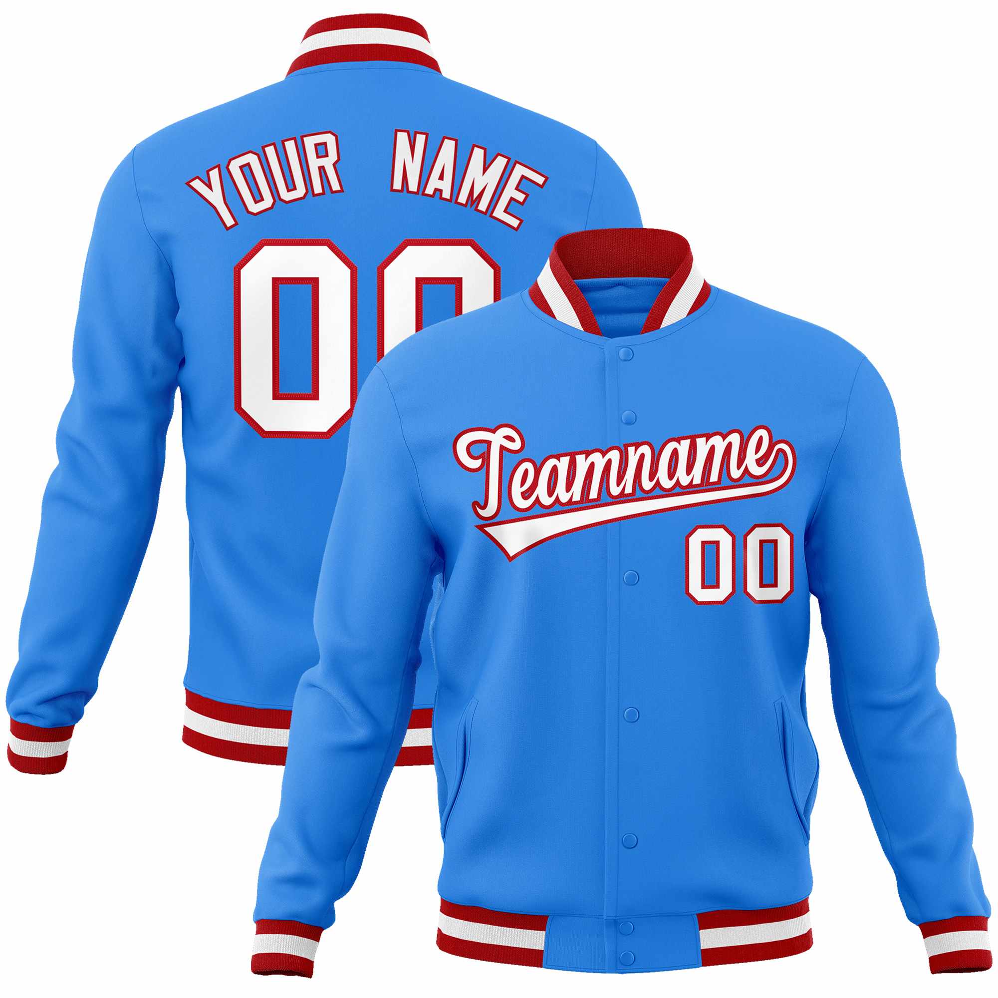 Custom Powder Blue White-Red Classic Style Varsity Full-Snap Letterman Jacket | KXKSHOP