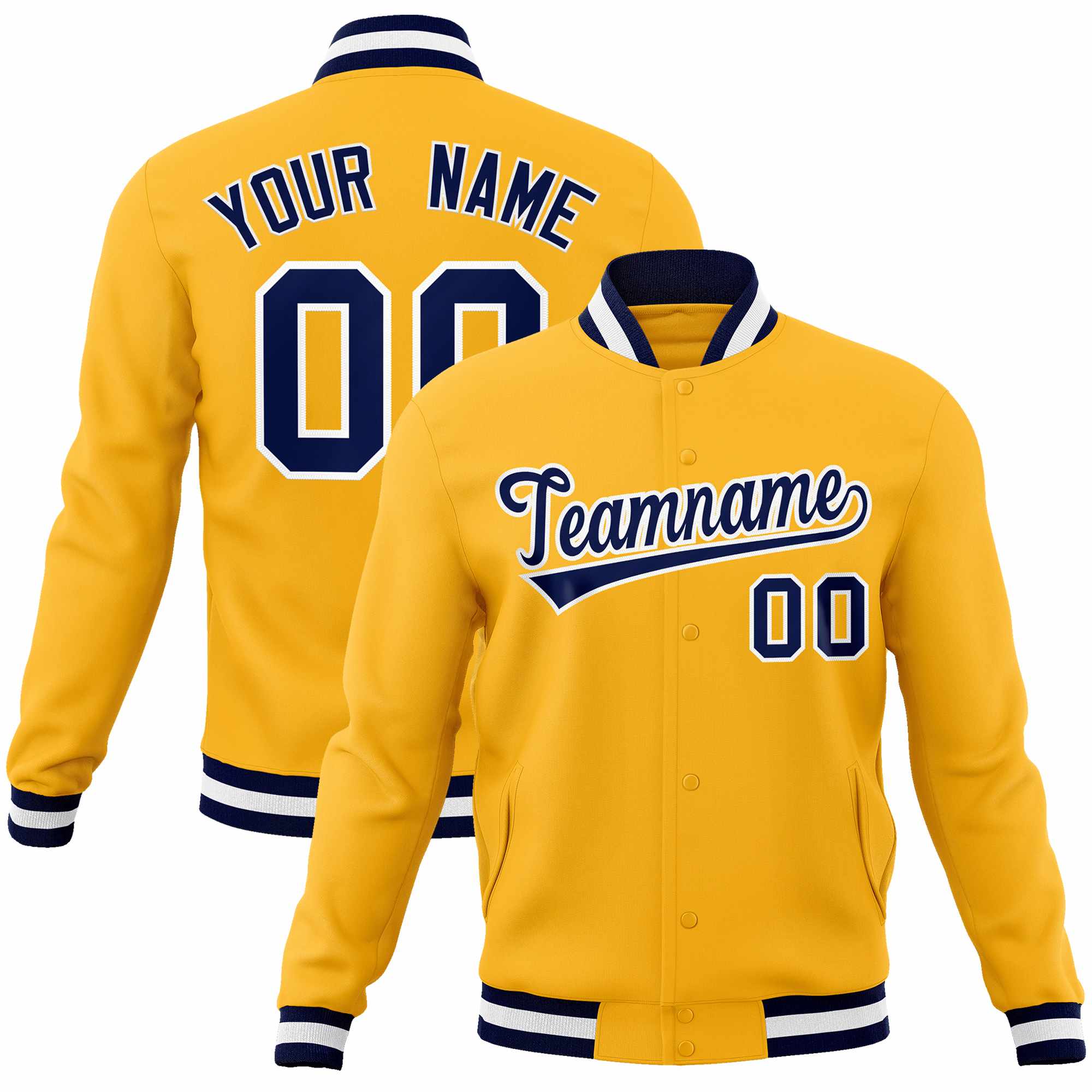 Custom Gold Navy-White Classic Style Varsity Full-Snap Letterman Jacket | KXKSHOP