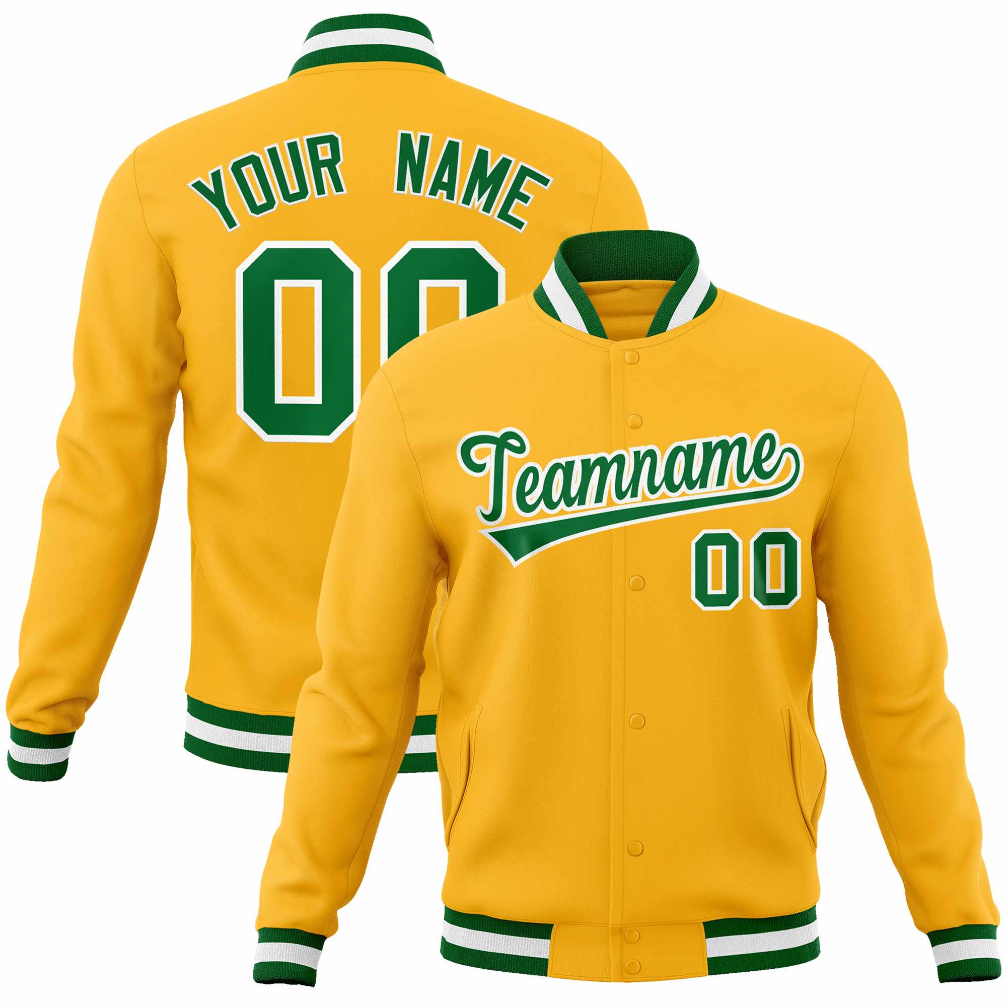 Custom Gold Kelly Green-White Classic Style Varsity Full-Snap Letterman Jacket | KXKSHOP