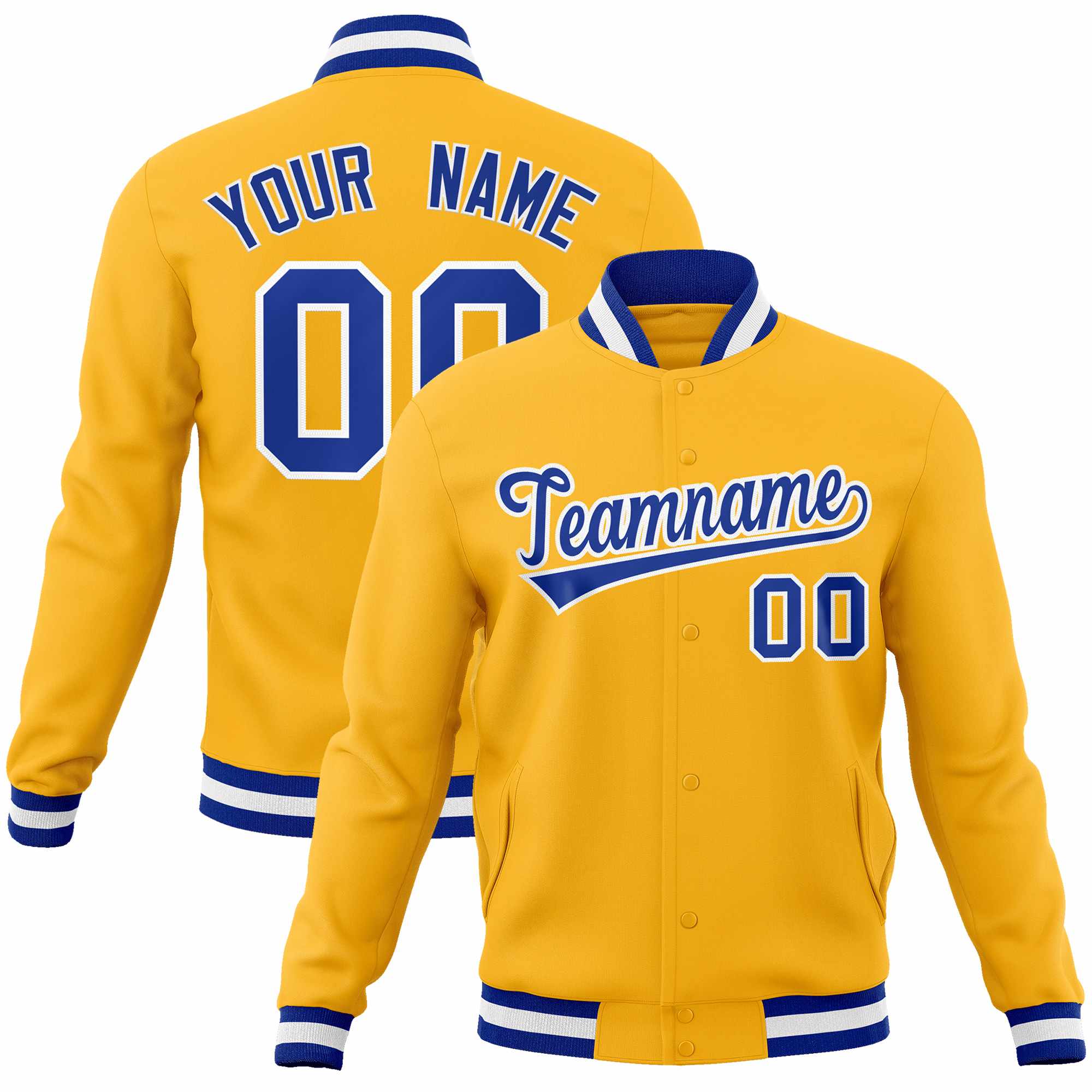 Custom Gold Royal-White Classic Style Varsity Full-Snap Letterman Jacket | KXKSHOP