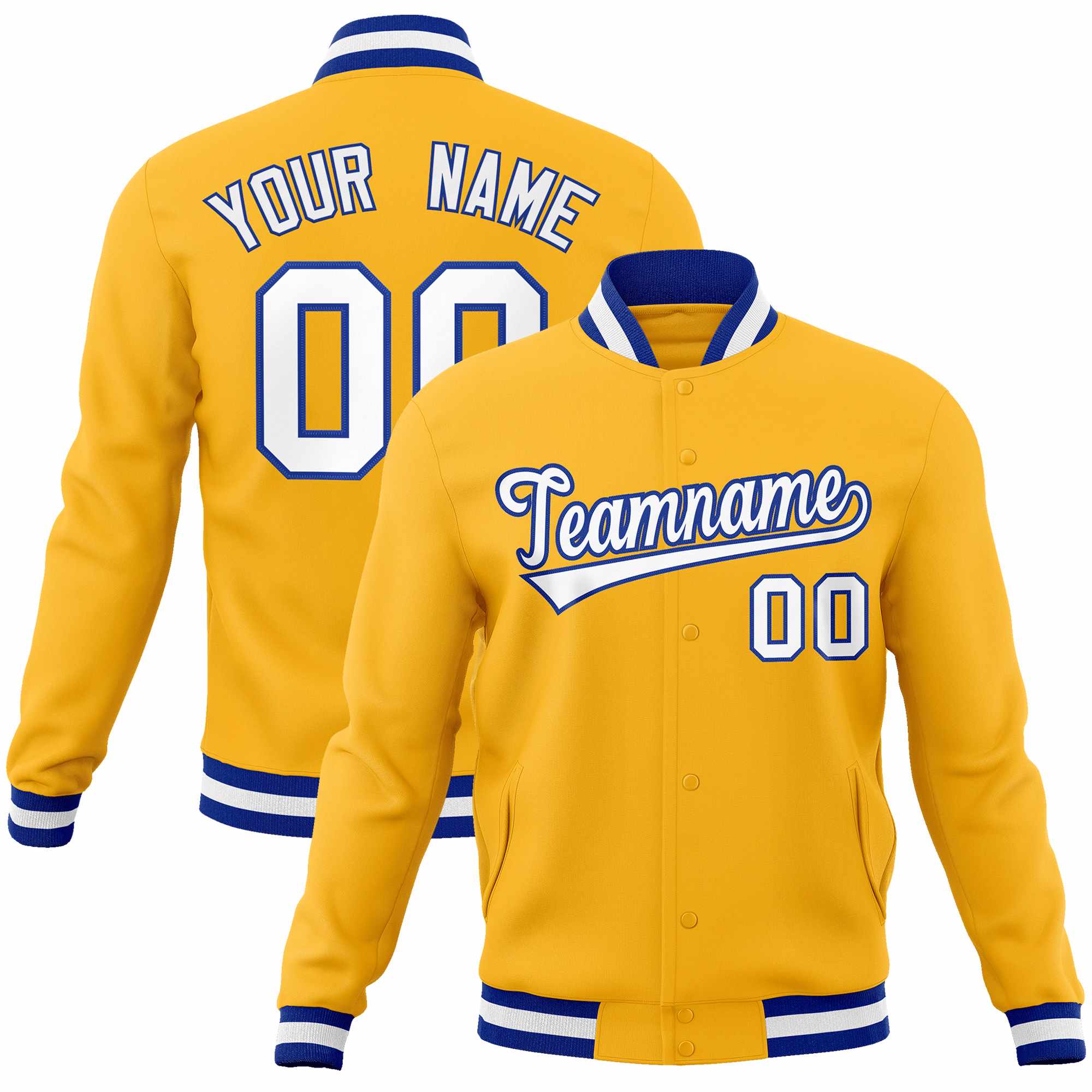 Custom Gold White-Royal Classic Style Varsity Full-Snap Letterman Jacket | KXKSHOP