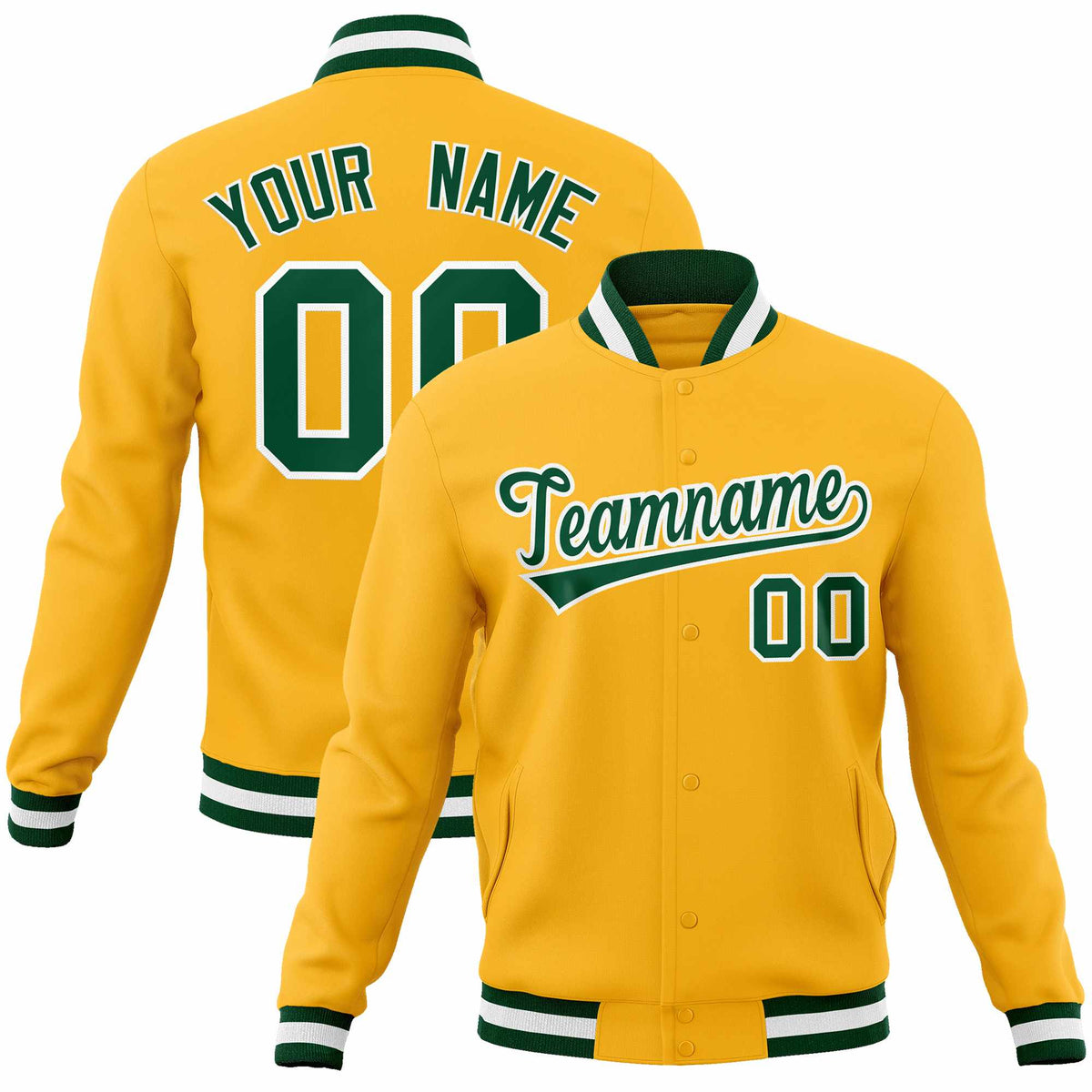 Custom Gold Green-White Classic Style Varsity Full-Snap Letterman Jacket | KXKSHOP