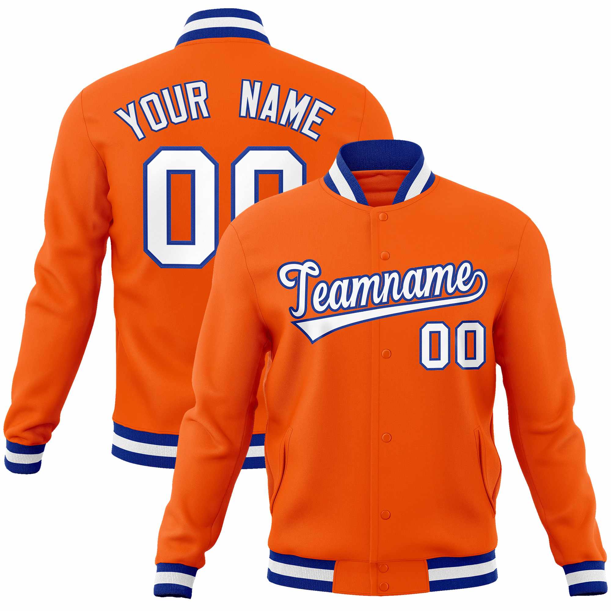 Custom Orange White-Royal Classic Style Varsity Full-Snap Letterman Jacket | KXKSHOP