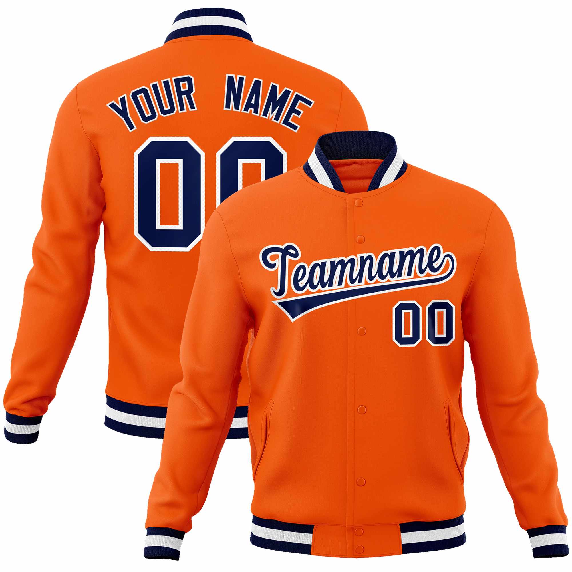 Custom Orange Navy-White Classic Style Varsity Full-Snap Letterman Jacket | KXKSHOP