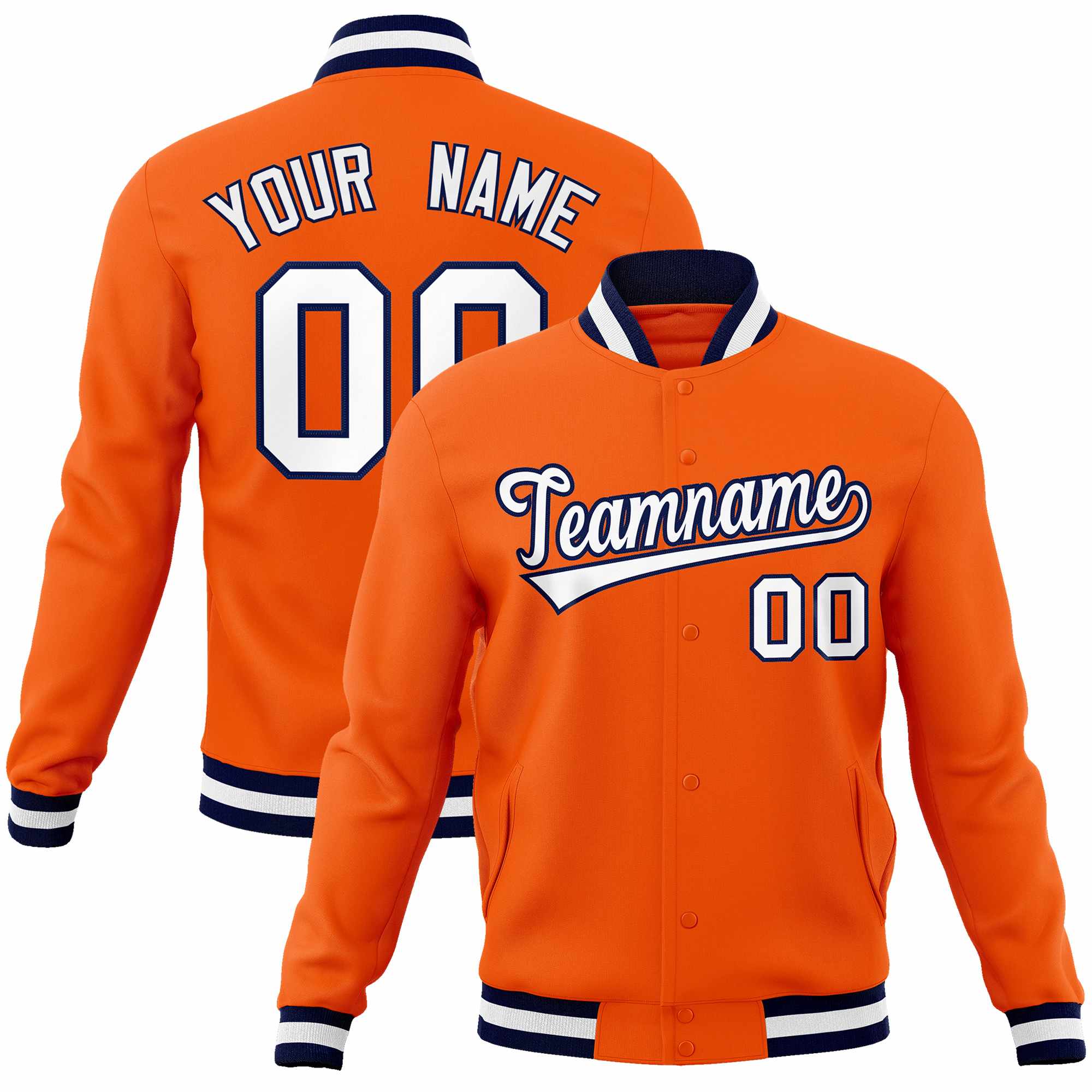 Custom Orange White-Navy Classic Style Varsity Full-Snap Letterman Jacket | KXKSHOP