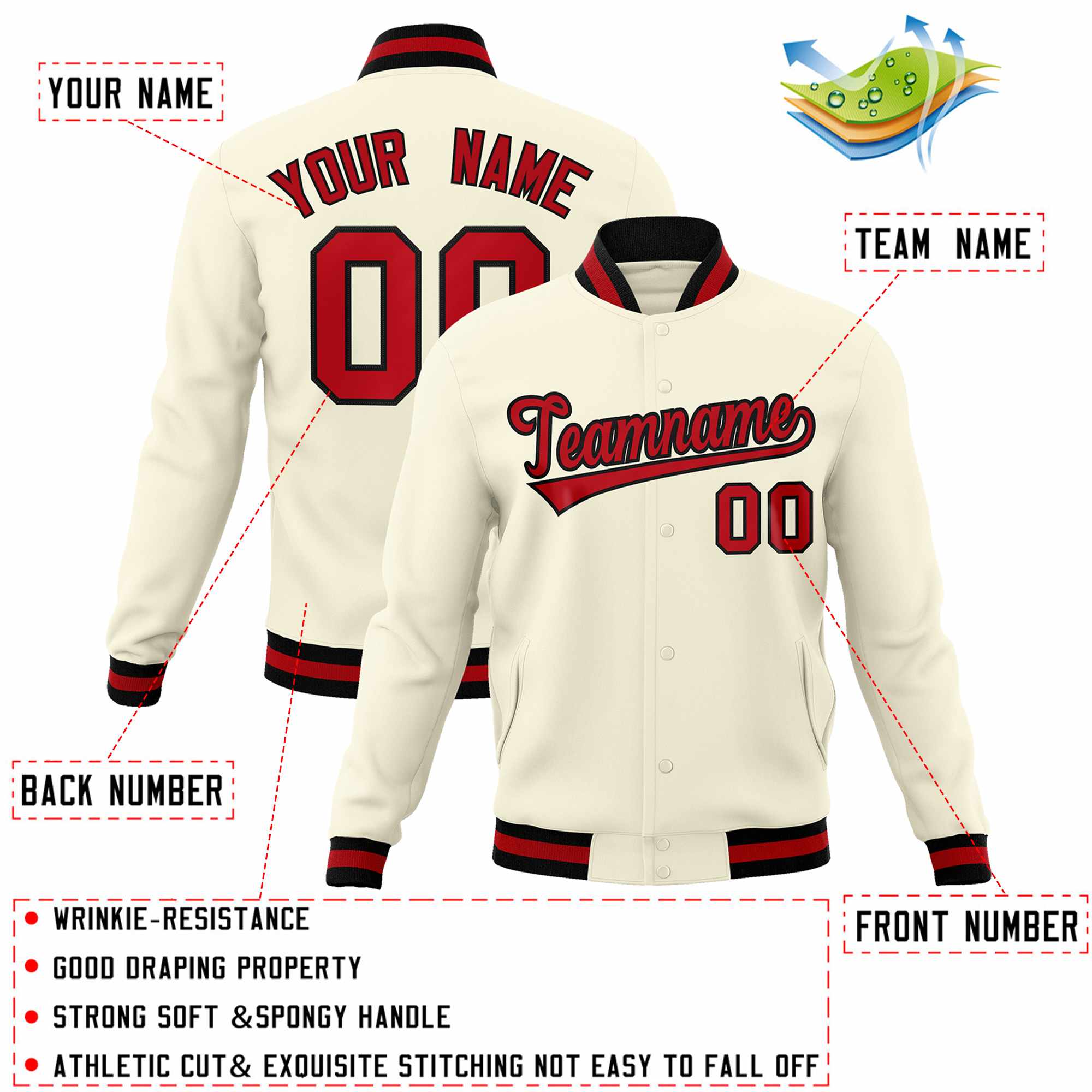 Custom White Red-Black Classic Style Varsity Full-Snap Letterman Jacket | KXKSHOP