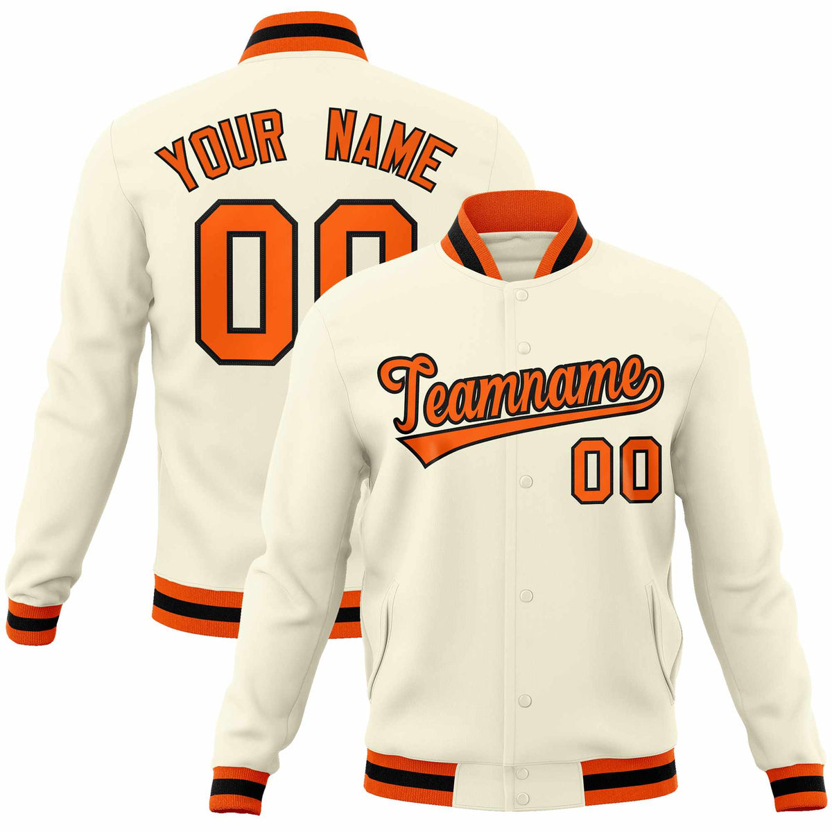 Custom Khaki Orange-Black Classic Style Varsity Full-Snap Letterman Jacket | KXKSHOP