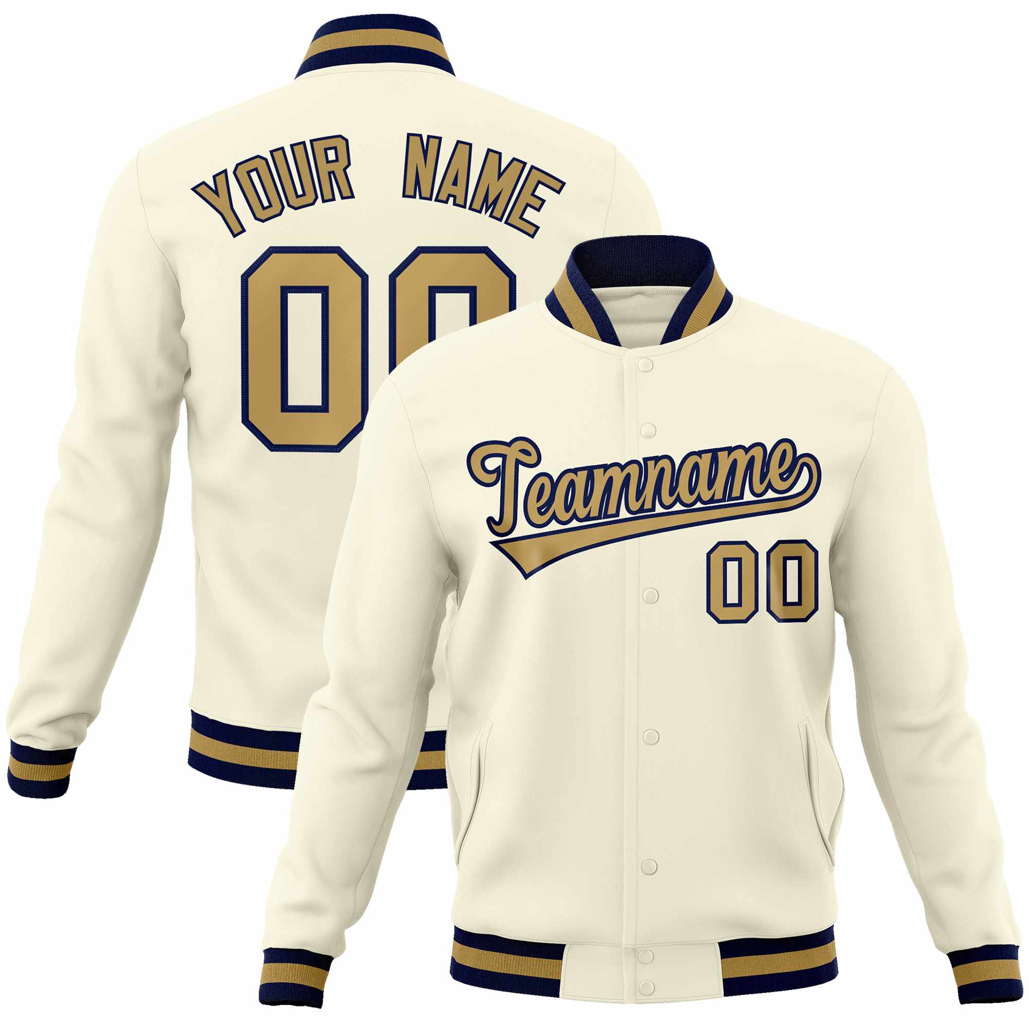 Custom Khaki Old Gold-Navy Classic Style Varsity Full-Snap Letterman Jacket | KXKSHOP