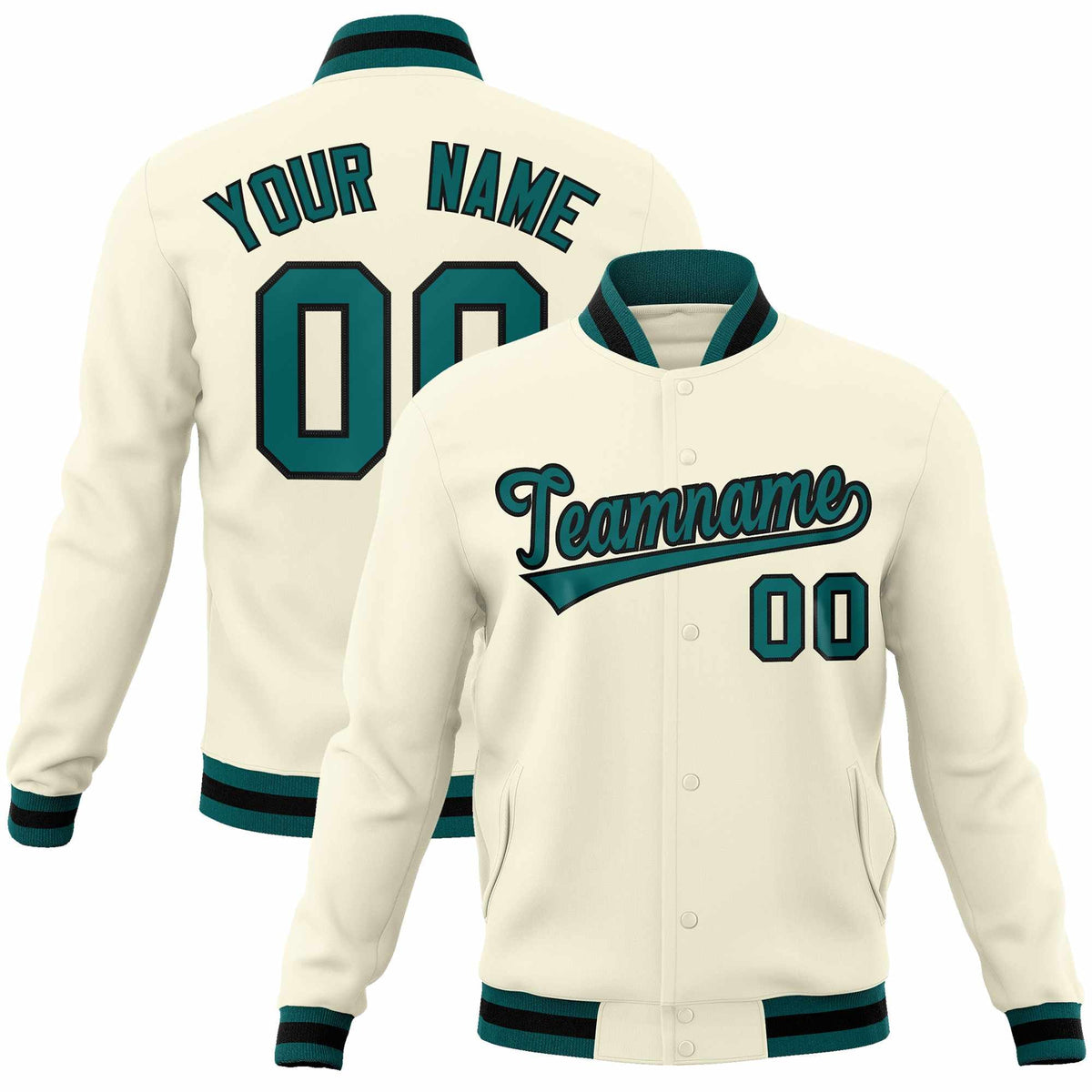 Custom Khaki Aqua-Black Classic Style Varsity Full-Snap Letterman Jacket | KXKSHOP