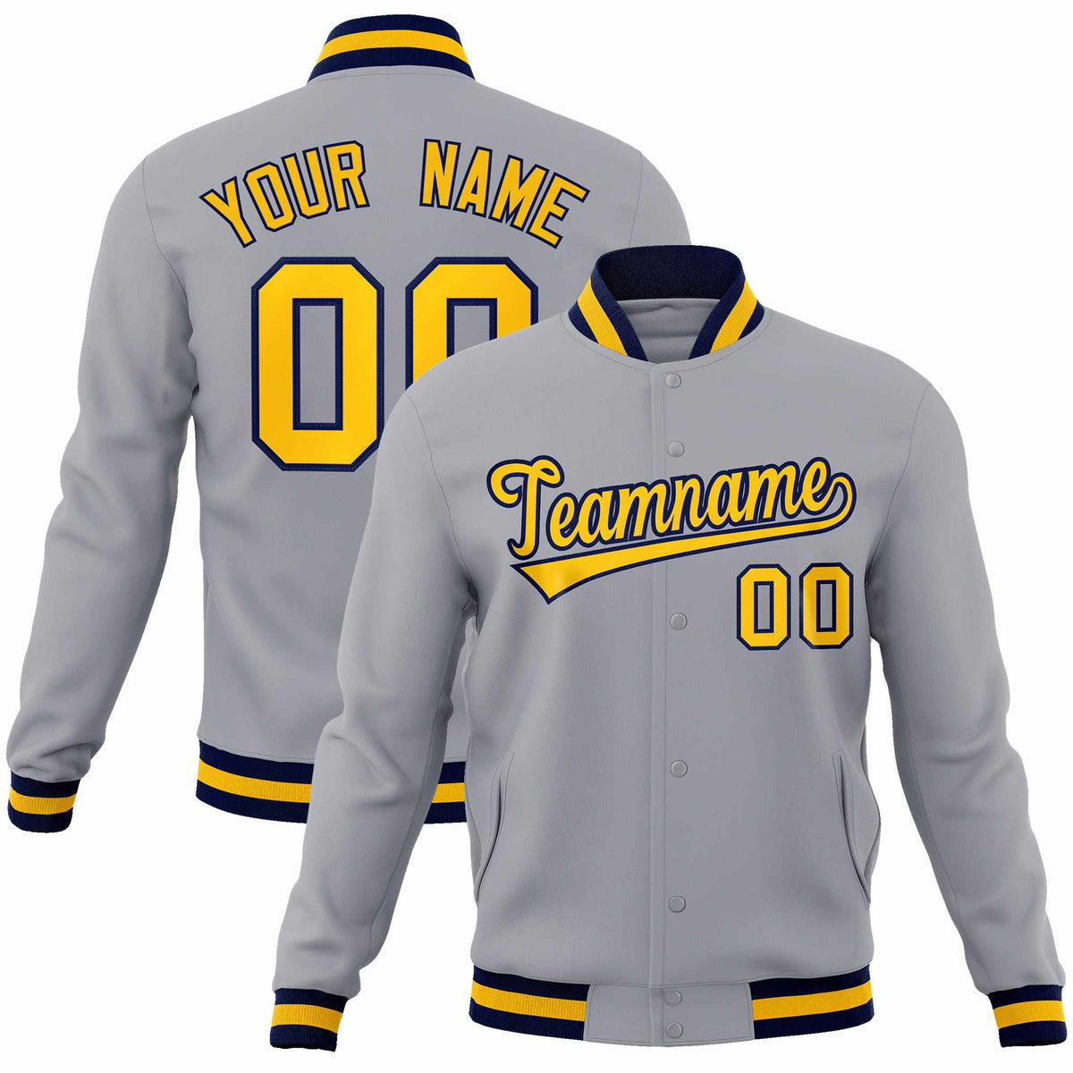 Custom Gray Gold-Navy Classic Style Varsity Full-Snap Letterman Jacket | KXKSHOP